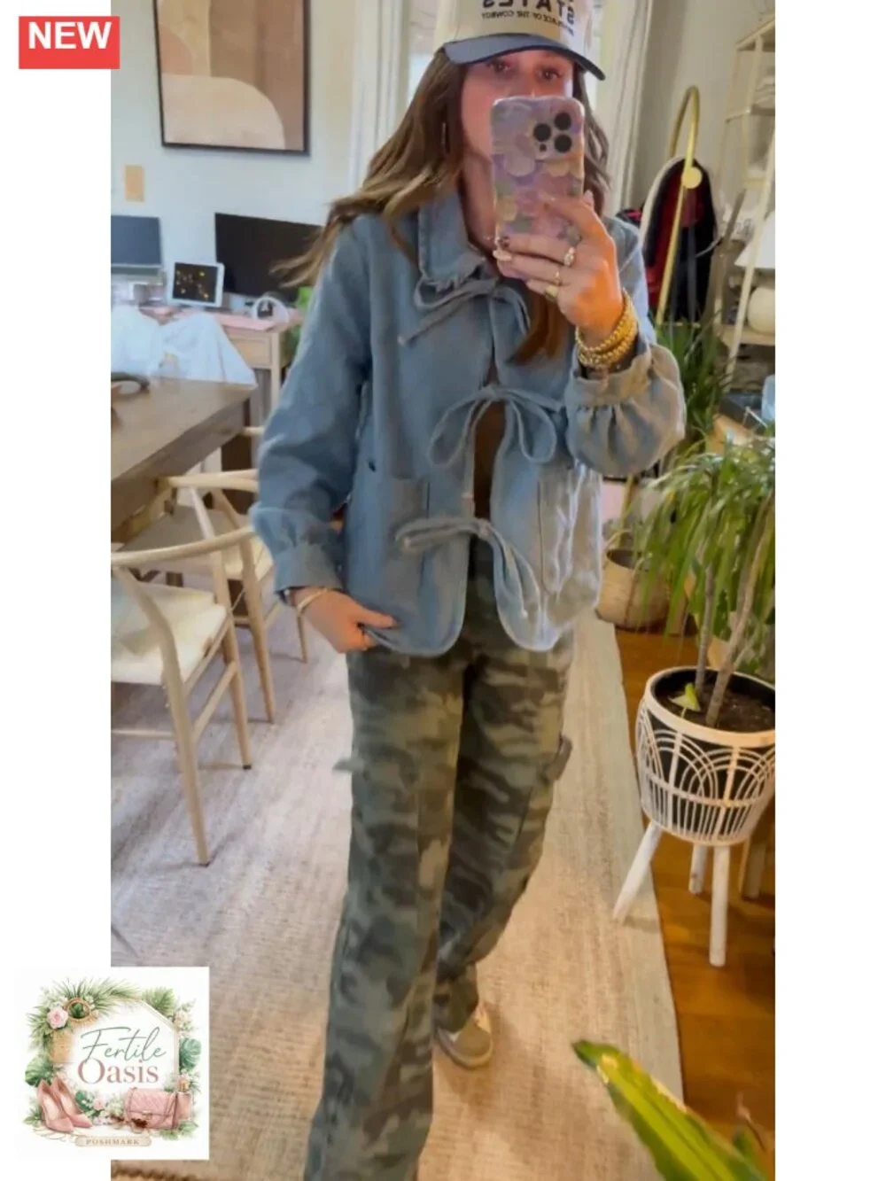 Women's Cotton Blend Denim Jacket Tie Front Peter Pan Collar Loose Fit Long
